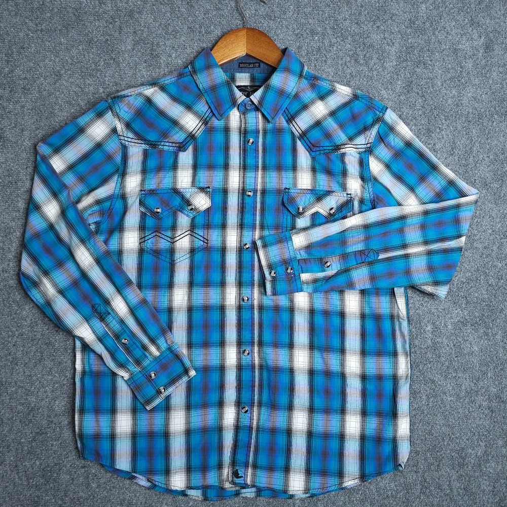 Cody James Pearl Snap Shirt Mens Large Blue Western Plaid Cotton Regular Fit - Picture 2 of 10